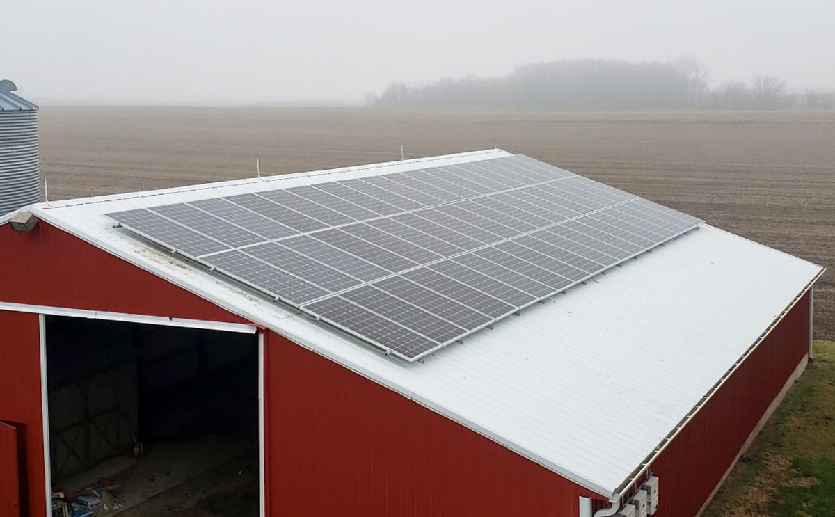 roof mounted solar on metal barn on farm