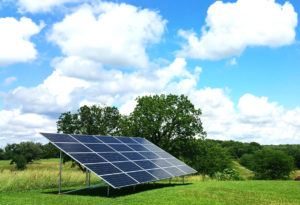 A newly installed, ground-mounted solar panel system in a field in Illinois with trees in the background.