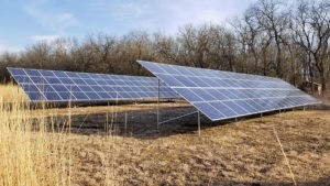 Two rows of ground-mounted solar panels in a field.