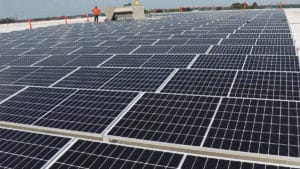 A large array of solar panels installed on a flat commercial roof with a technician in the background.